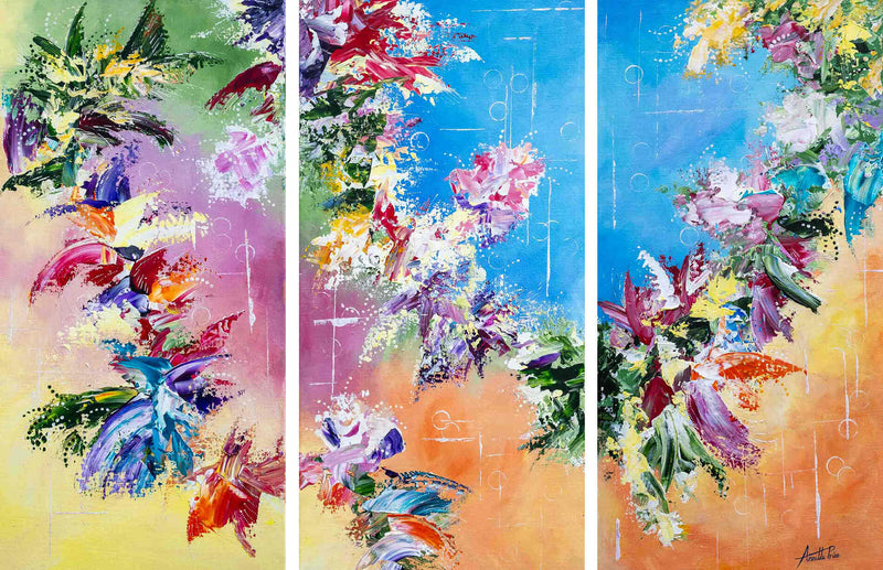 'Blossom Cascade' is a triptych painting with abstract floral elements and suggestions of water. It's colours are jouful, vibrant and uplifting. This painting was commissioned for a meeting room by the small Business Research and Enterprise Centre (SBREC) in London, UK.