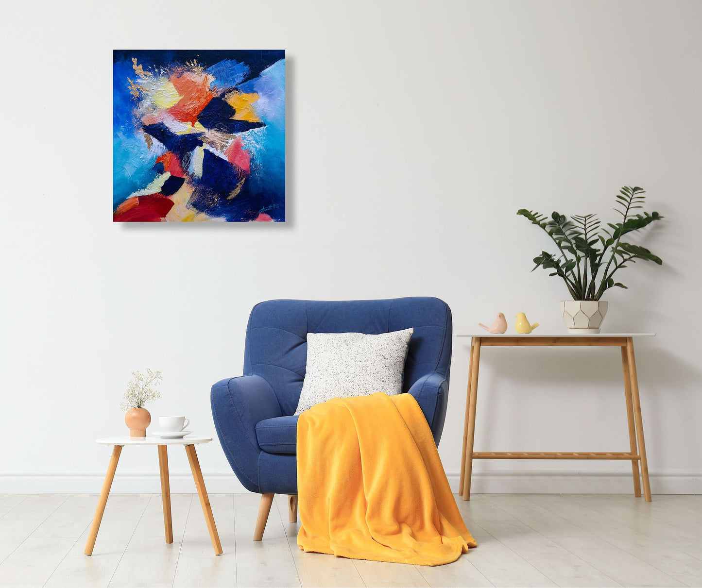 Ocean's Fury abstract ocean painting with gold leaf hung in a room setting