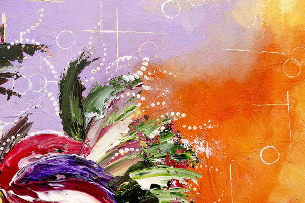 Detailed cropped-in close-up of the abstract painting called 'The Shimmering Glade', by Annette Price. It depicts warm colours in yellows and oranges and purples with the suggestion of leaves, water, sky and a hint of a purple flower.
