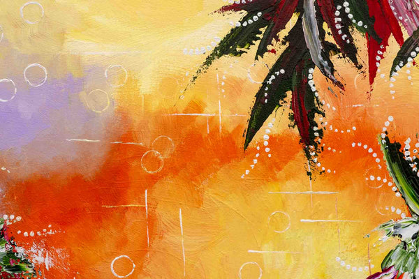 Detailed cropped-in close-up of the abstract painting called 'The Shimmering Glade', by Annette Price. It depicts warm colours in yellows and oranges with the suggestion of a foliage and water.