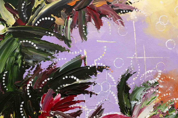 Detailed cropped-in close-up of the abstract painting called 'The Shimmering Glade', by Annette Price. There is a suggestion of colorful leaves and watery shapes on a purple background.