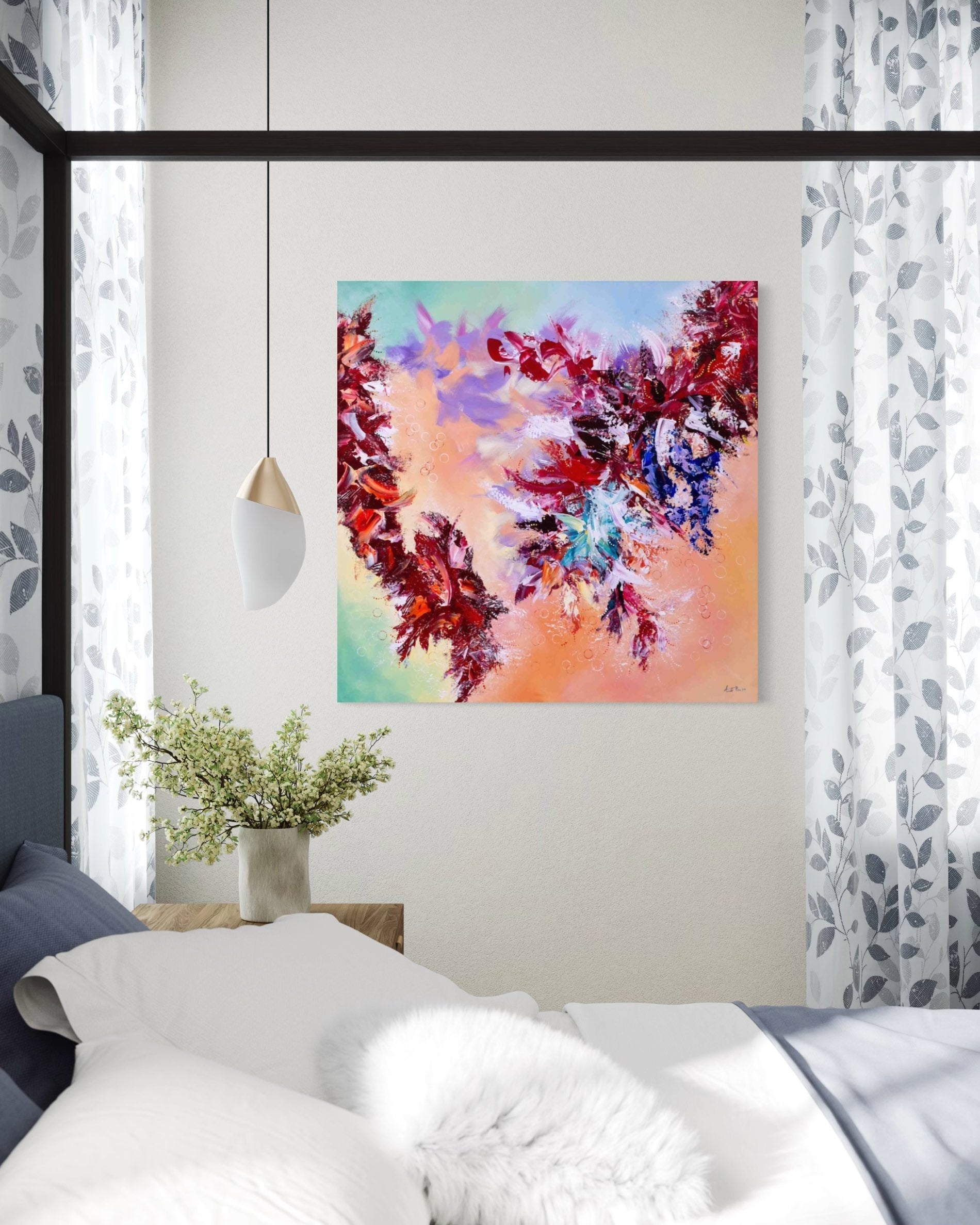 Warm Undercurrents is a 40 x 40 inch abstract painting on stretched canvas by artist Annette Price