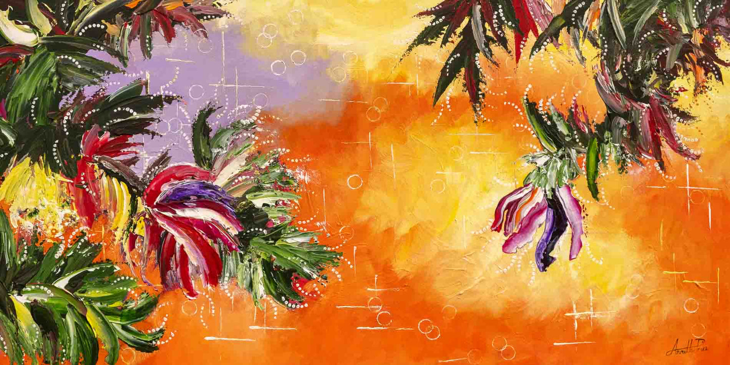 Abstract painting called 'The Shimmering Glade', by Annette Price. It depicts warm colours in yellows and oranges with the suggestion of abstract flowers, sky and water. 