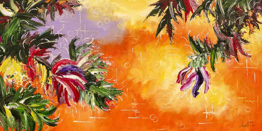Abstract painting called 'The Shimmering Glade', by Annette Price. It depicts warm colours in yellows and oranges with the suggestion of abstract flowers, sky and water. 