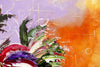 Detailed cropped-in close-up of the abstract painting called 'The Shimmering Glade', by Annette Price. It depicts warm colours in yellows and oranges and purples with the suggestion of leaves, water, sky and a hint of a purple flower. 