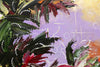 Detailed cropped-in close-up of the abstract painting called 'The Shimmering Glade', by Annette Price. There is a suggestion of colorful leaves and watery shapes on a purple background. 