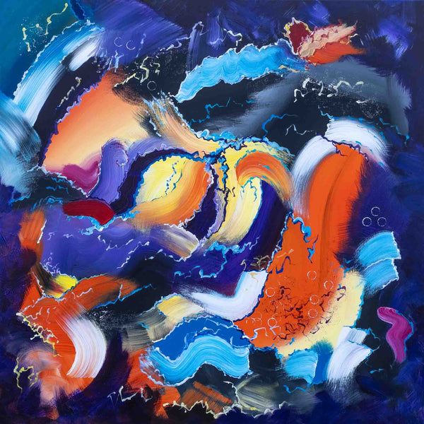 'Through Forests Wrapped in Amber' is an abstract painting by Annette Price. It features vibrant colors; blues, oranges, whites, and blacks, with dynamic brush strokes on a stretched canvas. 